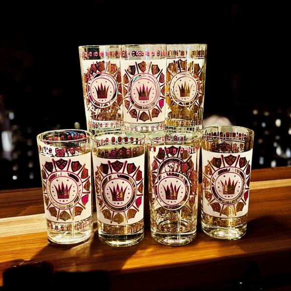 Mid Century Highball Glasses-Crown Shield-Gold-Vintage Barware-MCM-Set of 7 - Picture 1 of 4